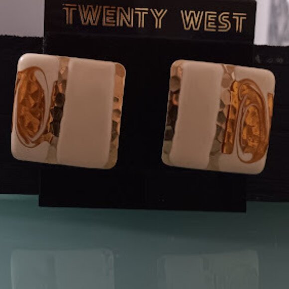 TWENTY WEST Vintage 1980's Square Shaped Ivory Enamel w/ Bronze & Gold Earrings - Picture 3 of 4